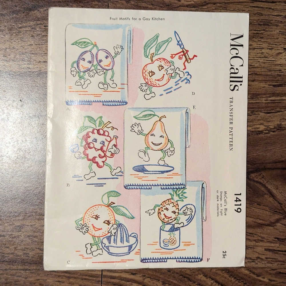 Vintage McCall's 1948 Embroidery Transfer Pattern UNCUT #1419 Fruit Motifs